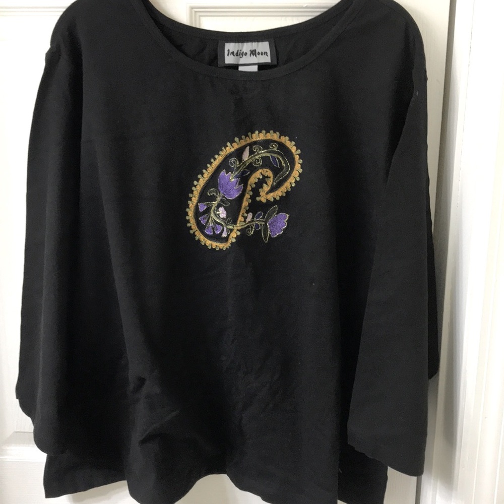 Indigo Moon Black LS embroidered top